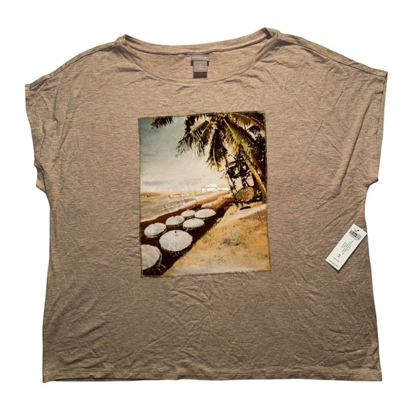 Chico's Tops - Chico's Beach Scene Graphic Tee Tan Neutral Knit Top Womens  Chico 3 XL US16 NEW